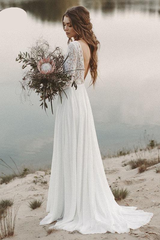 beach wedding dress sleeves Beach Wedding Dress Long Sleeve Boho V Neck Open Back Bridal Dresses – TANYA BRIDAL