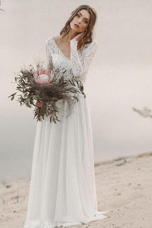 Beach Wedding Dress Long Sleeve Boho V Neck Open Back Bridal Dresses TANYA BRIDAL Beach Wedding Dress Long Sleeve Boho V Neck Open Back Bridal Dresses TANYA BRIDAL