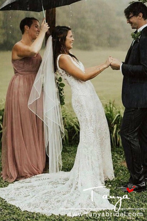 Vintage Simple Lace Wedding Dress Sheath Long Bridal Dress With Sweep Train