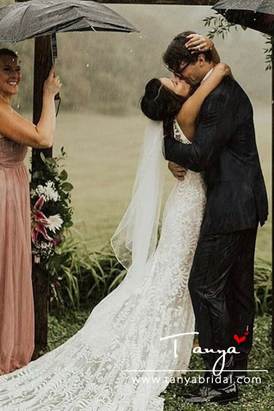 Vintage Simple Lace Wedding Dress Sheath Long Bridal Dress With Sweep Train