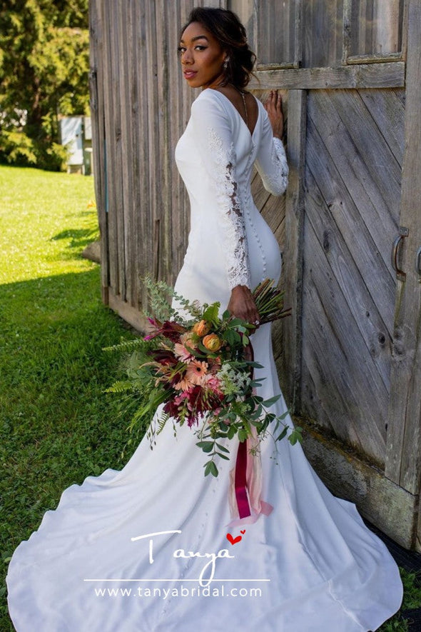 Long Sleeves Black Girl Mermaid Wedding Dresses With Lace Embroidery