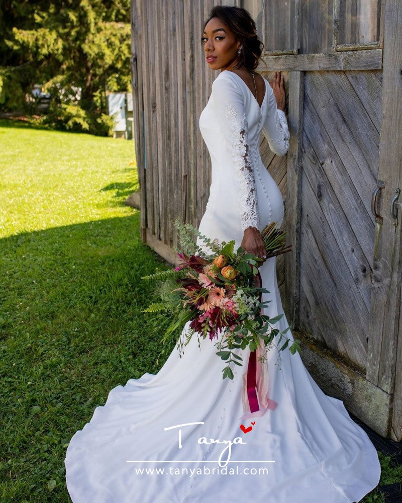 White Fringe Wedding Gown, Long Sleeve Bridal, Lace Wedding Dress