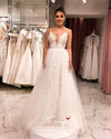 V Neck Lace Long A Line Lace Wedding Dresses Backless Bridal Gown