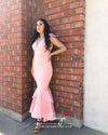Mermaid Pink Tea Length Evening Dresses Ruffles Tiered Dress