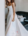 Modest Long Wedding Dresses A Line Country Style Lace Applique Court Train Satin Bride Dress TBW15