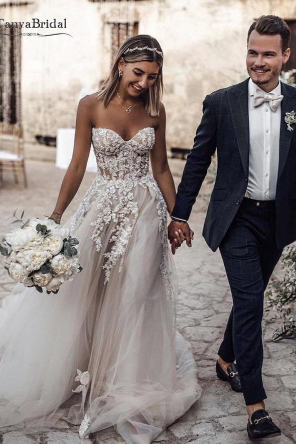 Sweetheart Tulle Wedding Dresses Applique Nude Bridal Dress Vestido De DQG889
