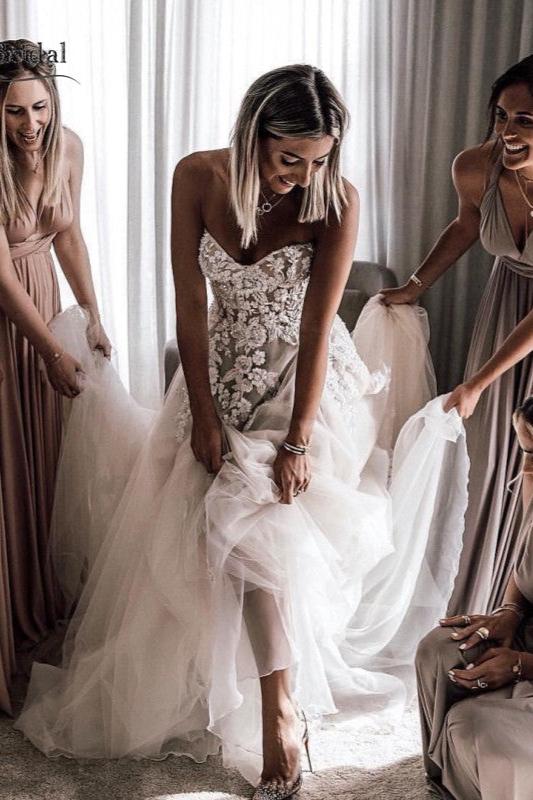 Sweetheart Tulle Wedding Dresses Applique Nude Bridal Dress Vestido De DQG889