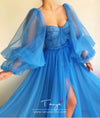 Long Puffy Sleeve Blue Prom Dresses Tulle Backless Lacing Evening Gowns Evening Party Gown Robe De Soiree Plus Size
