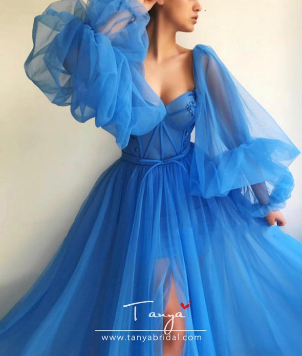 Long Puffy Sleeve Blue Prom Dresses Tulle Backless Lacing Evening Gowns Evening Party Gown Robe De Soiree Plus Size