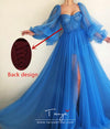 Long Puffy Sleeve Blue Prom Dresses