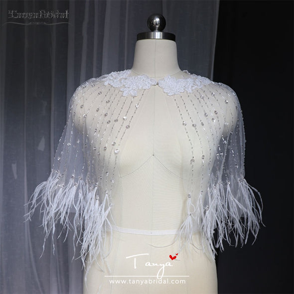 Luxury Beaded Feather Wedding Cape Short Bolero Gorgeous Bridal Cape Vestido de Noivas Accessories wrap DJ120
