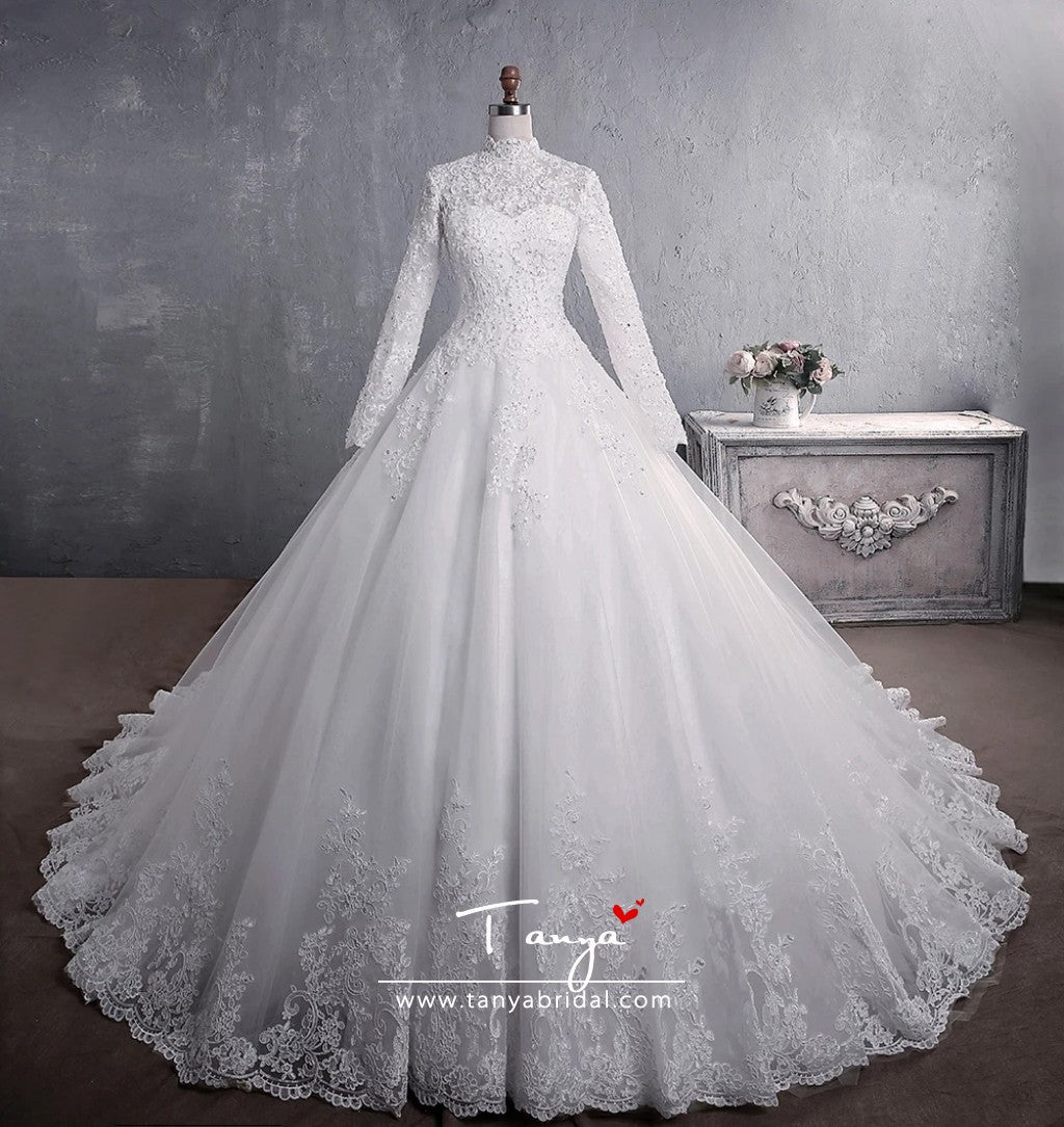open lace back dress Muslim Wedding Dress Elegant High Neck With Train TB1471 – TANYA BRIDAL