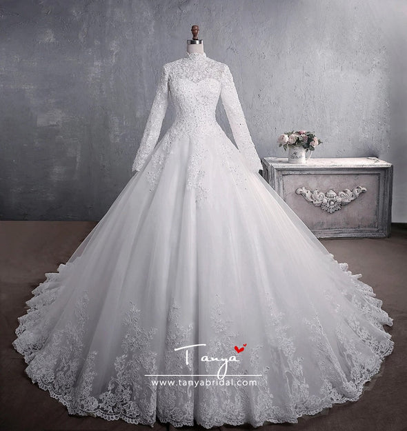 Muslim Wedding Dress Elegant High Neck With Train TB1471 – TANYA BRIDAL