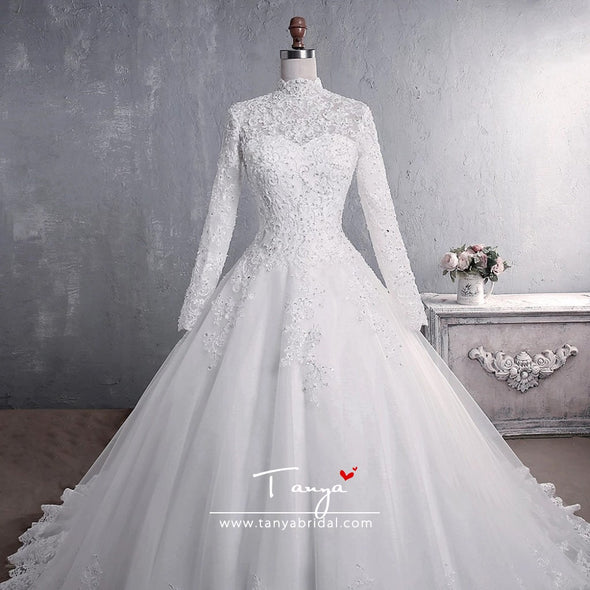 Muslim Wedding Dress Elegant High Neck With Train TB1471