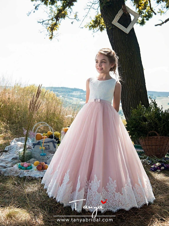 Tulle / Cotton Sleeveless Jewel Neck with Lace / Belt / Appliques Flower Girl Dresses