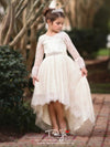Ball Gown Asymmetrical Wedding Flower Girl Dresses Lace Long Sleeve V Neck with Bow