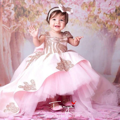 Pink Baby Girls Birthday Dress Sweep Train Beaded Applique Kids Formal Wear TBF021