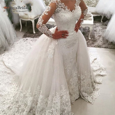 Detachable Skirt Wedding Dress Backless Saudi Arabia Bridal Wedding Gowns Dubai Luxury Sleeve Mermaid Vestido De Noiva SS121