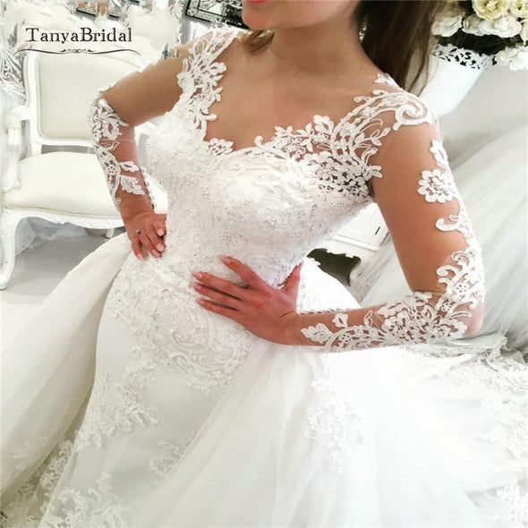 Detachable Skirt Wedding Dress Backless Saudi Arabia Bridal Wedding Gowns Dubai Luxury Sleeve Mermaid Vestido De Noiva SS121