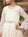 Ball Gown Asymmetrical Wedding Flower Girl Dresses Lace Long Sleeve V Neck with Bow