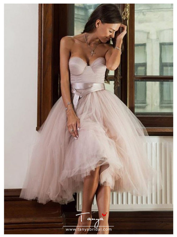 Short Informal Strapless Wedding Dress Beach Bride Dress Knee Length Hot Sale Pink Tulle Wedding Gowns