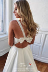 Simple V-neck Wedding Dresses Cut-out Bow Back Sleeveless Covered Button White Ivory Sexy Beach Wedding Gown Vestido De Noiva