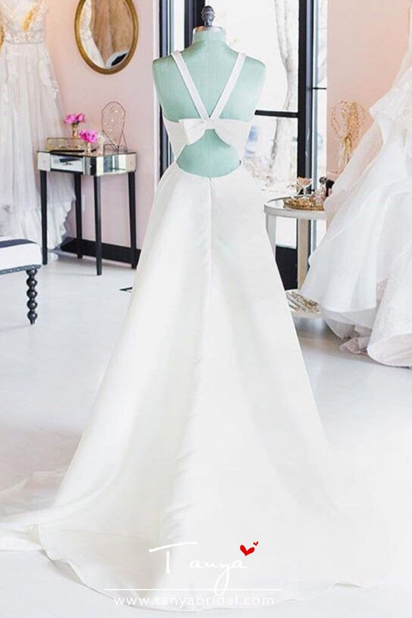 Simple V-neck Wedding Dresses Cut-out Bow Back Sleeveless Covered Button White Ivory Sexy Beach Wedding Gown Vestido De Noiva