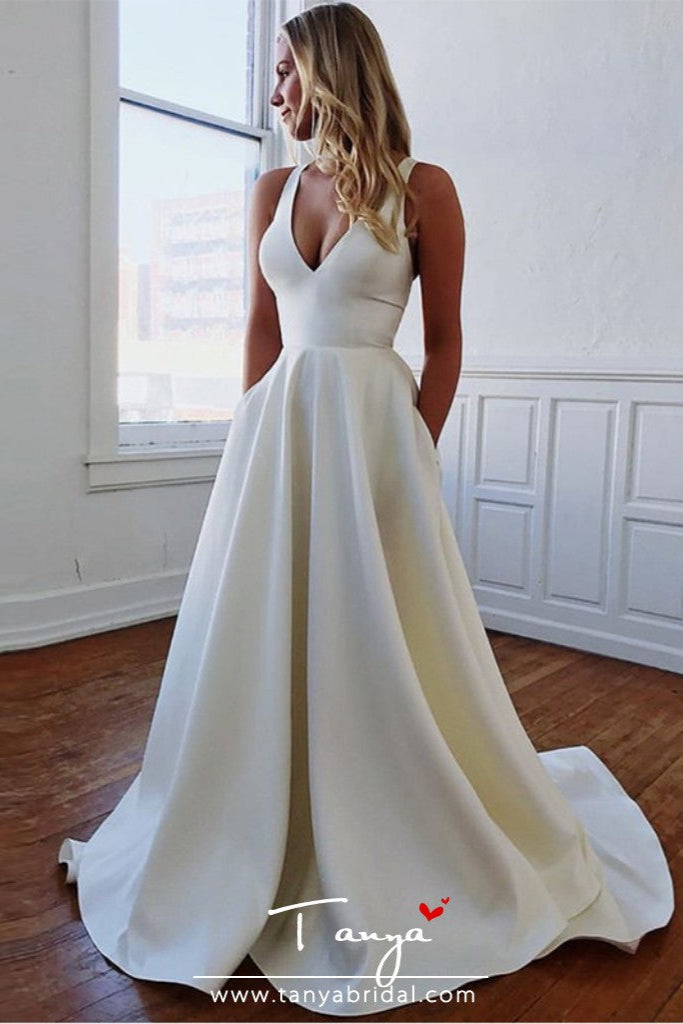 Simple V-neck Wedding Dresses Cut-out Bow Back - Simple V-neck Wedding Dresses Cut-out Bow Back -