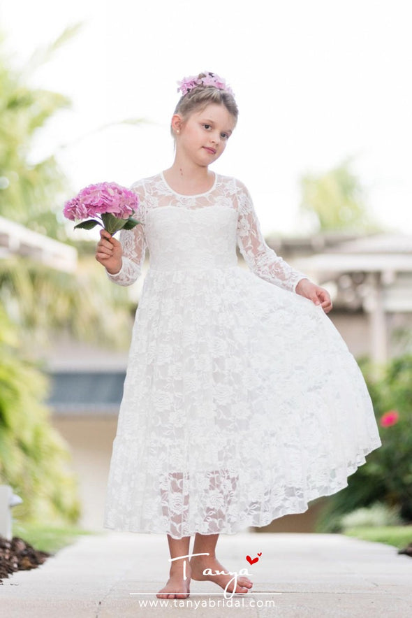 Stunning Lace Flower Girl Dresses Boho First Communion Gown TBF06