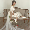 Silk Satin Ivory Long Wedding Dresses Simple Style With Detachable Tail