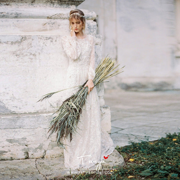 Unique Gold Ivory Lace Wedding Dresses Long Sleeve A Line Bridal Gowns Bohemian Vestido De Noivas DW213
