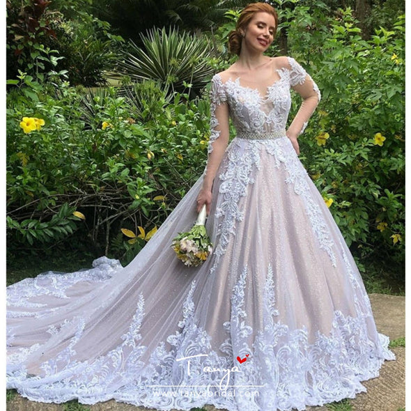 Vestidos De Novia Luxury Lace Wedding Dress Illusion Long Sleeve Buttons Back Wedding Gowns with Skirt robe de mariage