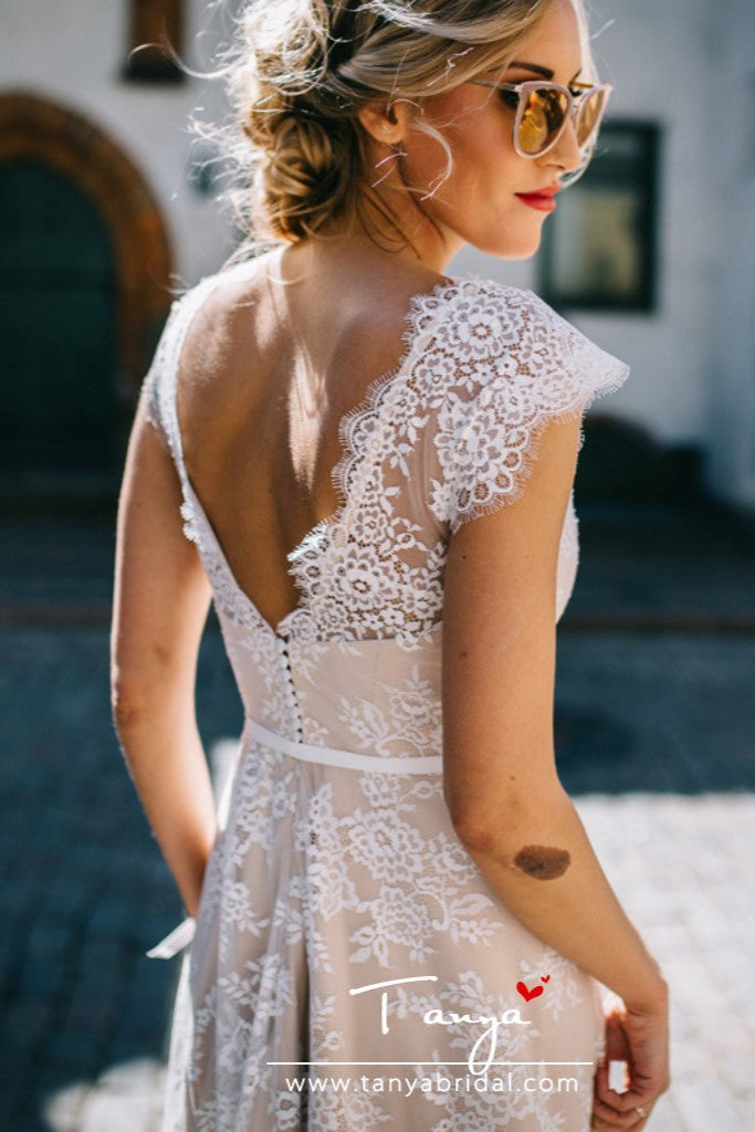 Vintage Champagne Lace Bohemian Wedding Dress A Line Cap Sleeve Sexy B TANYA BRIDAL Vintage Champagne Lace Bohemian Wedding Dress A Line Cap Sleeve Sexy B TANYA BRIDAL