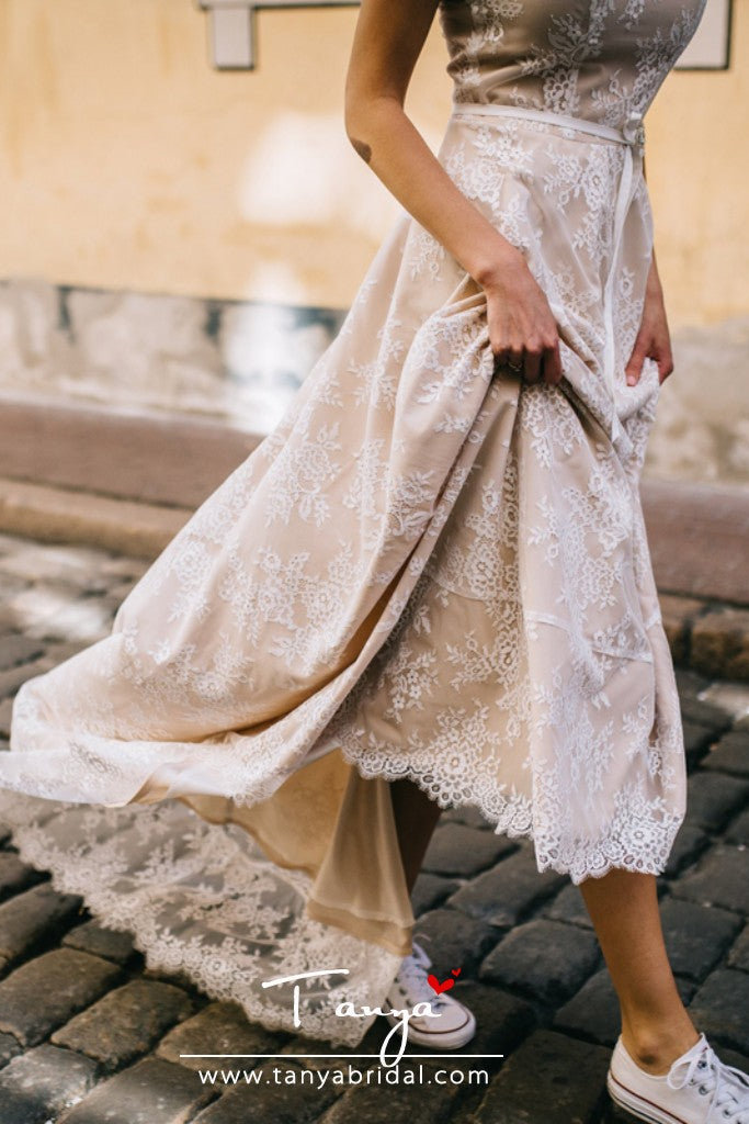 Vintage Champagne Lace Bohemian Wedding Dress A Line Cap Sleeve Sexy B – TANYA BRIDAL