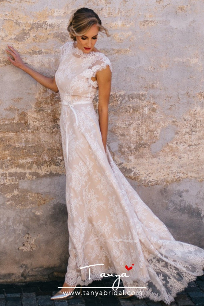 Vintage Champagne Lace Bohemian Wedding Dress A Line Cap Sleeve Sexy B TANYA BRIDAL Vintage Champagne Lace Bohemian Wedding Dress A Line Cap Sleeve Sexy B TANYA BRIDAL
