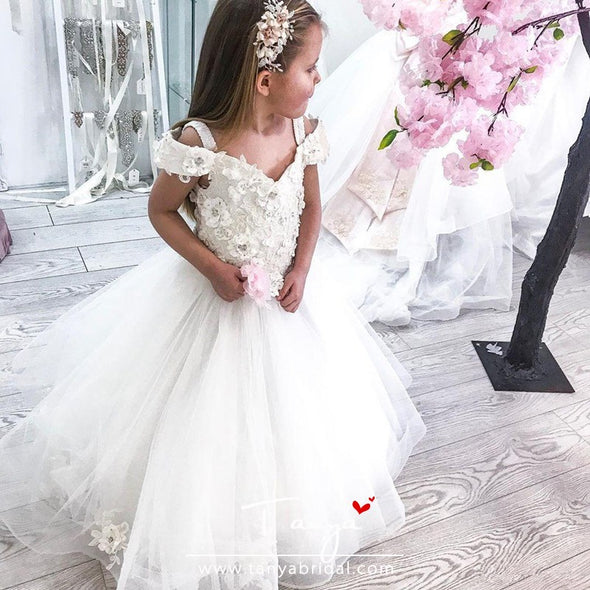 White Lace Flower Girl Dresses Off Shoulder 3D Floral Appliques TBF012