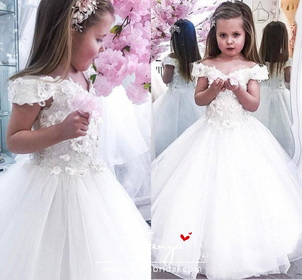 White Lace Flower Girl Dresses Off Shoulder 3D Floral Appliques TBF012