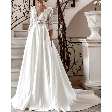 A-Line Wedding Dresses V Neck  Lace Satin Half Sleeve