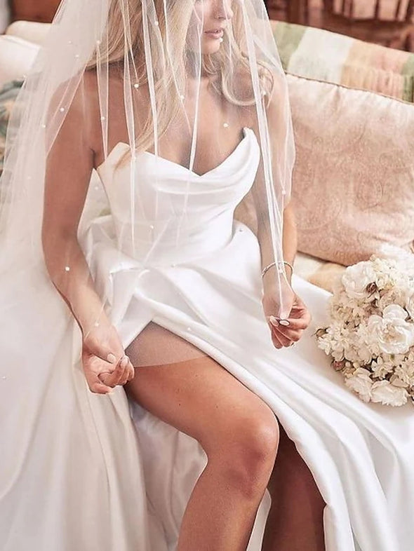A-Line Wedding Dresses Sweetheart Neckline Court Train Satin Sleeveless