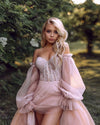 Dusty Pink A Line Wedding Dresses With Detachable Puff Long Sleeves