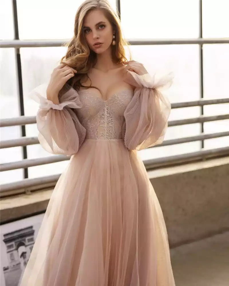 Dusty Pink A Line Wedding Dresses With Detachable Puff Long Sleeves TANYA BRIDAL Dusty Pink A Line Wedding Dresses With Detachable Puff Long Sleeves TANYA BRIDAL