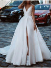A-Line Wedding Dresses V Neck Sleeveless Luxurious with Split Front