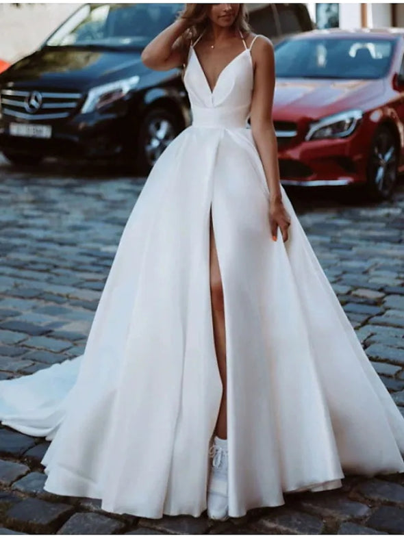 A-Line Wedding Dresses V Neck Sleeveless Luxurious with Split Front