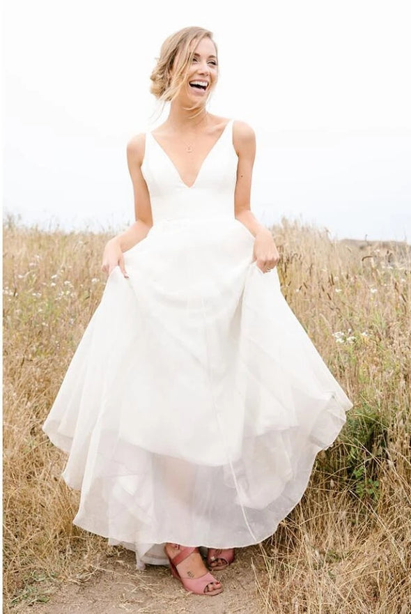 A Line Chiffon Deep V Simple Long Beach Wedding Dress 06081409