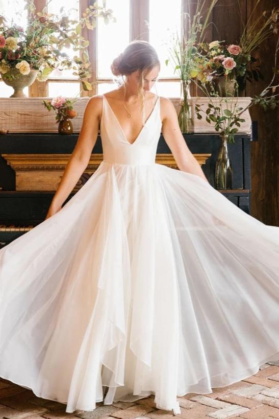 A Line Chiffon Deep V Simple Long Beach Wedding Dress 06081409 – TANYA BRIDAL