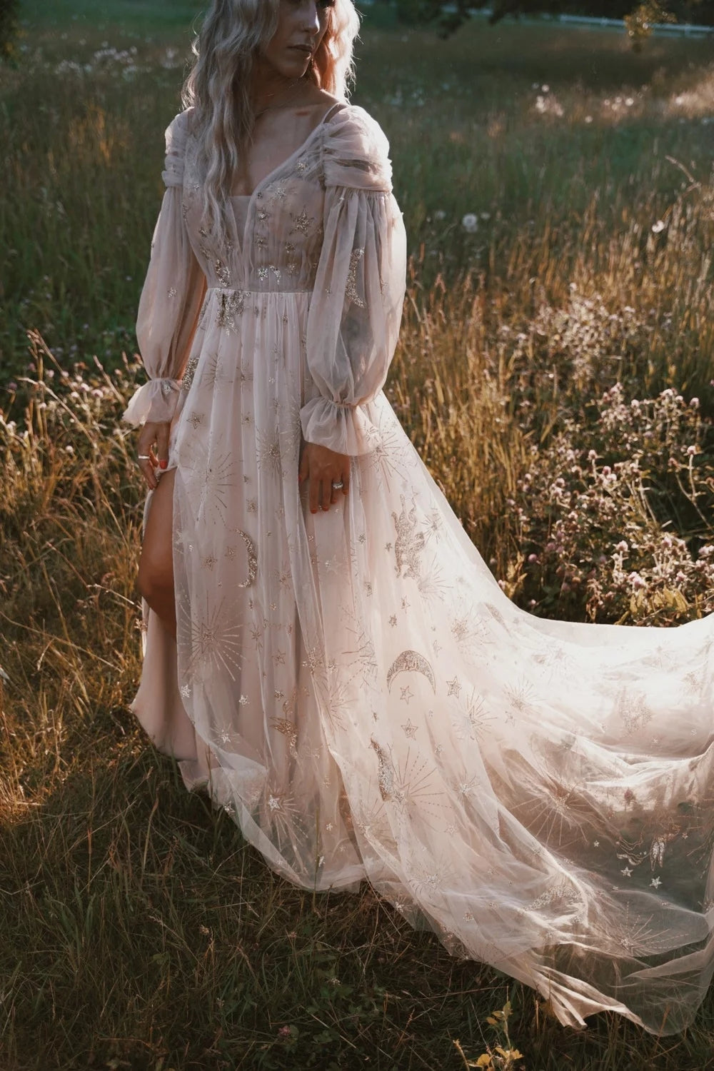 star lace wedding dress A-line Star Lace Wedding Dress With Cape,Destination Bridal Dress,WD00