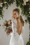 Long Sleeves Sheath Ivory Rose Lace Backless Wedding Dress