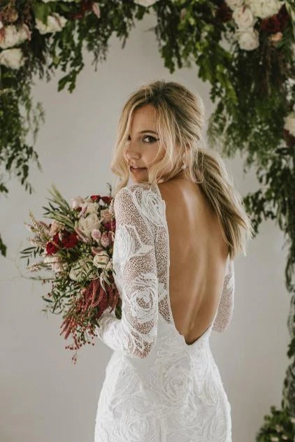 Long Sleeves Sheath Ivory Rose Lace Backless Wedding Dress Long Sleeves Sheath Ivory Rose Lace Backless Wedding Dress
