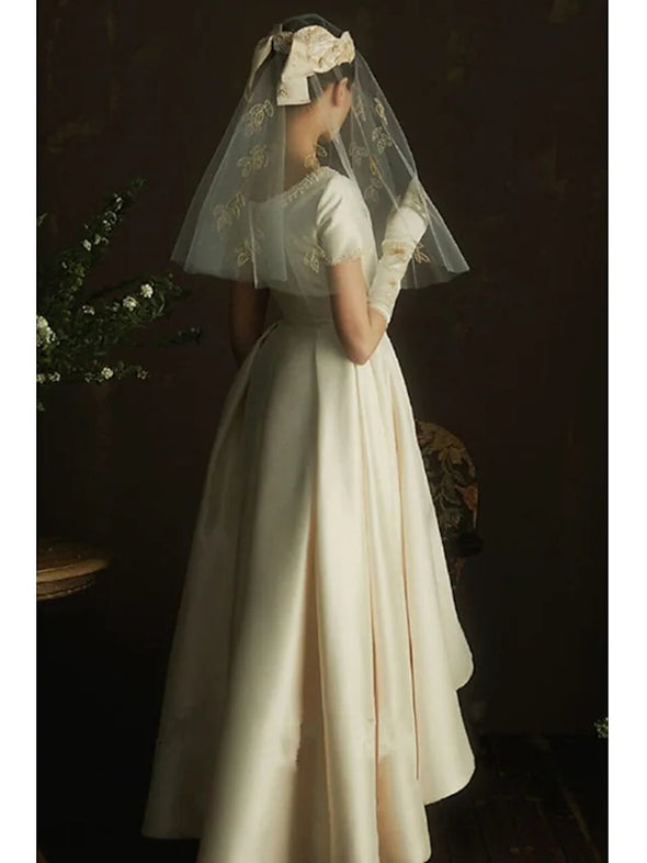 A-Line Wedding Dresses Tea Length Short Sleeve Vintage with Beading