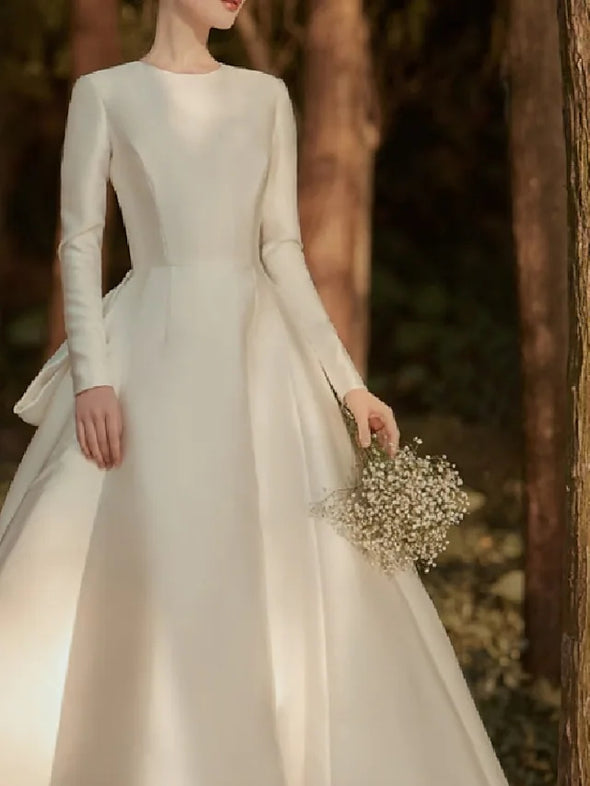 A-Line Wedding Dresses Jewel Neck Court Train Satin Long Sleeve